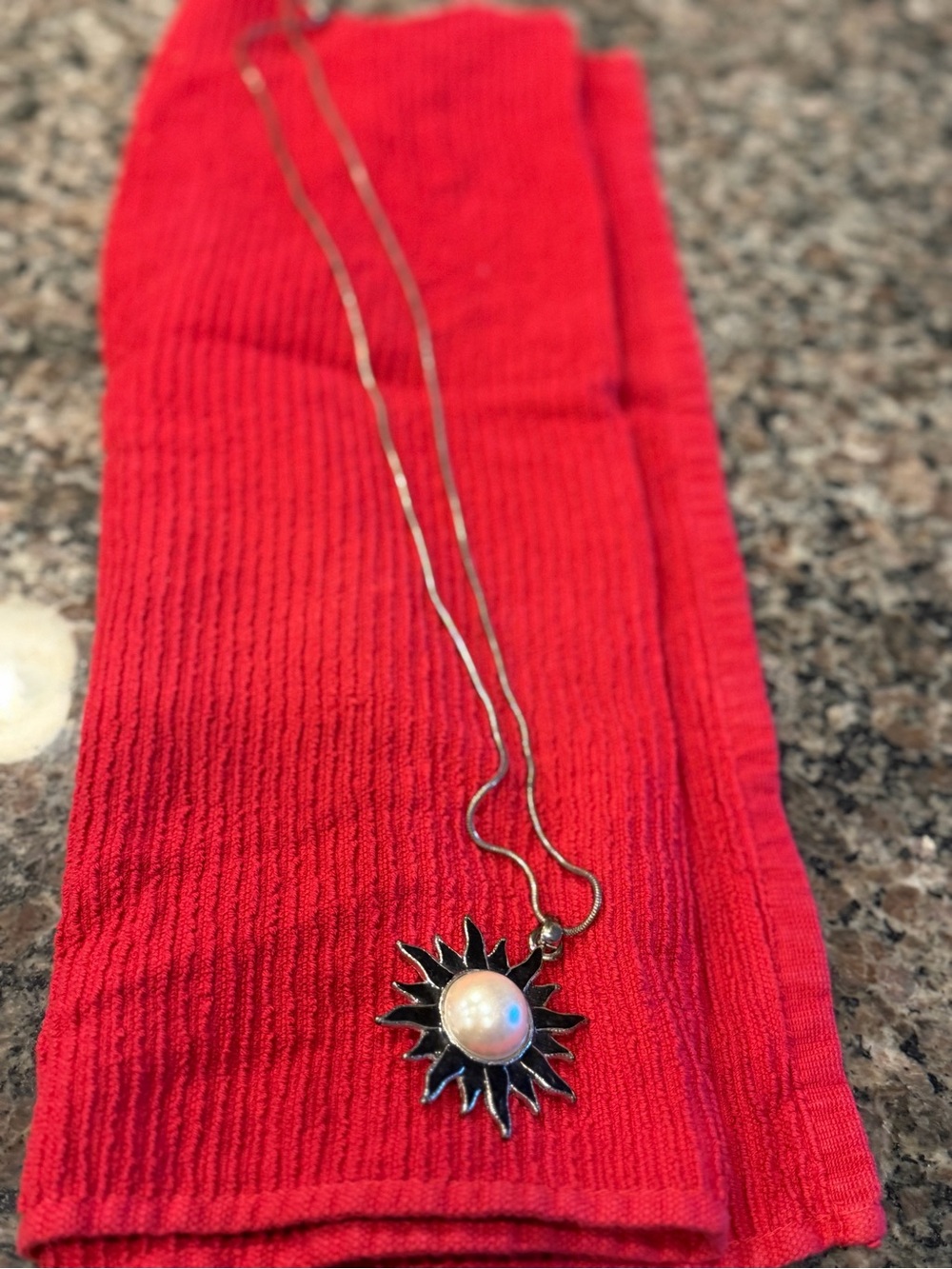 Anne Klein Sunburst Pendant Necklace with White Pearl on Silver-Tone Chain, 36”